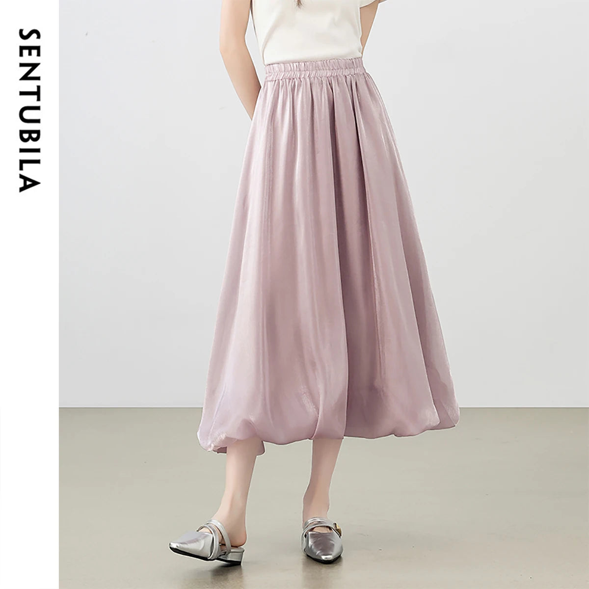 SENTUBILA Women's Pearlescent Skirts 2025 Party Evening Elegant Folds Elastic Waist A-line Tulip Skirt Female Clothing W52QG0018