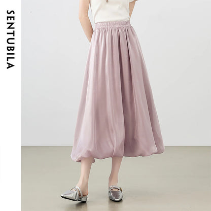 SENTUBILA Women's Pearlescent Skirts 2025 Party Evening Elegant Folds Elastic Waist A-line Tulip Skirt Female Clothing W52QG0018