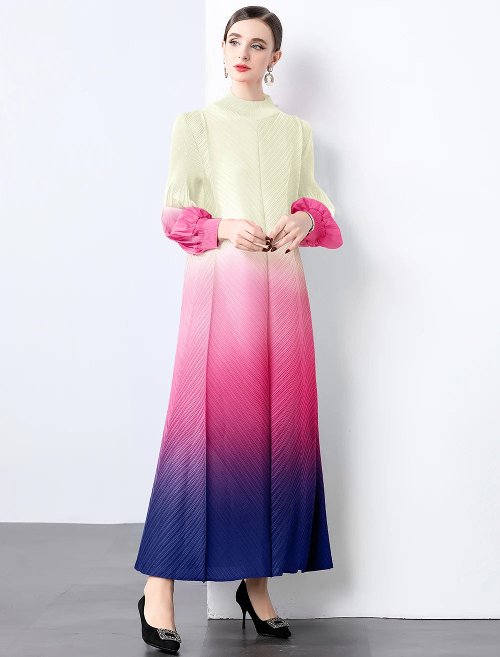 Miyake Wrinkles Pleated Printed Chiffon Maxi Dresses Middle Eastern Clothing Women Loose Women High Neck Long Sleeves Stitching