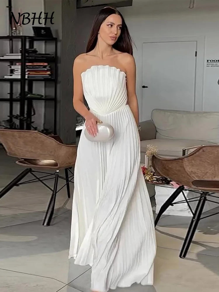 Sexy White Pleated Strapless Dress Women Sleeveless Backless Slim Split Dresses Female 2025 Simmer Lady Party Holiday Robe