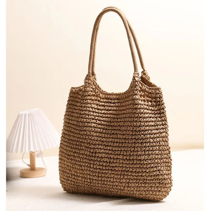 Fashion Straw Tote Bag Woven Solid Color Beach Bag Large Capacity Square Casual Shoulder Bag