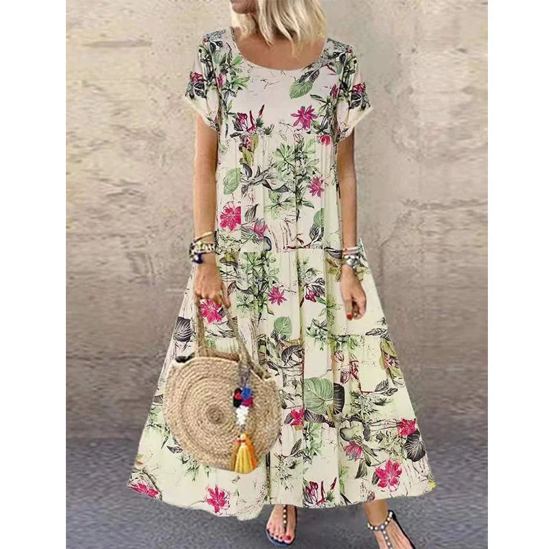 Casual Short Sleeved O-neck Floral Print Dress Summer Countryside Style Loose Long Dresses Plus Size Women's Clothing 9911
