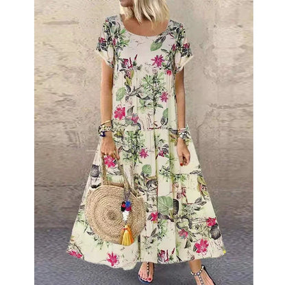 Casual Short Sleeved O-neck Floral Print Dress Summer Countryside Style Loose Long Dresses Plus Size Women's Clothing 9911