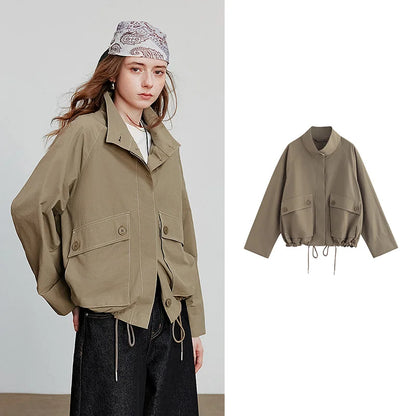 TOYOUTH Women Jacket Coat 2025 Autumn New Barn Style Workwear Large Pocket Stand up Collar Single Breaste Button Outwear Coat