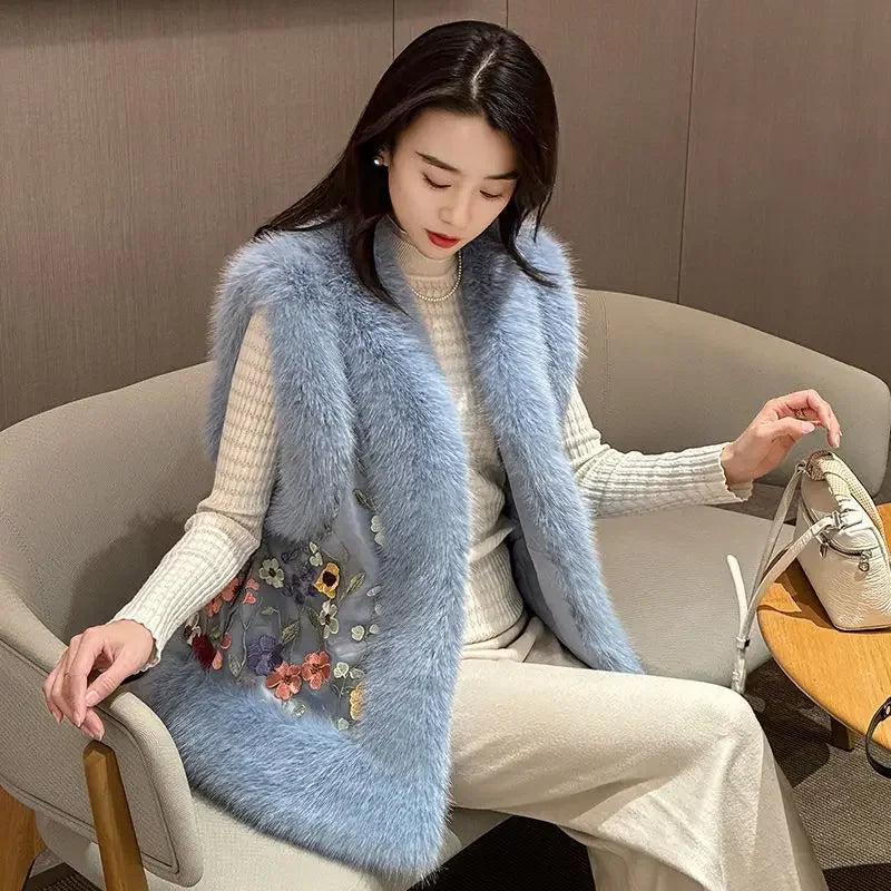 Woman vest autumn winter slimming Waistcoat Hairy Edge vest Floral embroidered shoulders Thickened vest Parkas Cardigan Tops