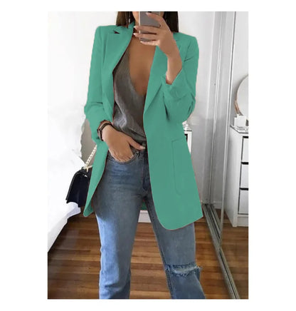 Autumn And Winter Women's Fashion Solid Color Polo Neck Slim Fit Coat Elegant Women's Long Sleeve Pocket Casual Suit Coat S-3XL