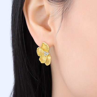 Original 925 Sterling Silver Fashion Zircon 18K Golden Petal Stud Earrings for Women Birthday Party Accessories Gifts Jewellery