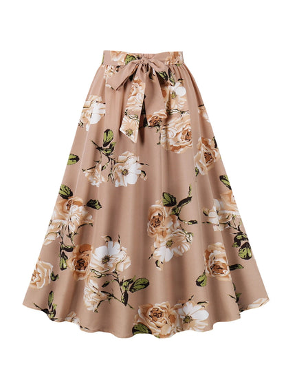 Elegant flower polka dot print casual party elastic waist bow belt half skirt for women