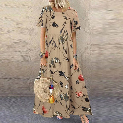Casual Short Sleeved O-neck Floral Print Dress Summer Countryside Style Loose Long Dresses Plus Size Women's Clothing 9911