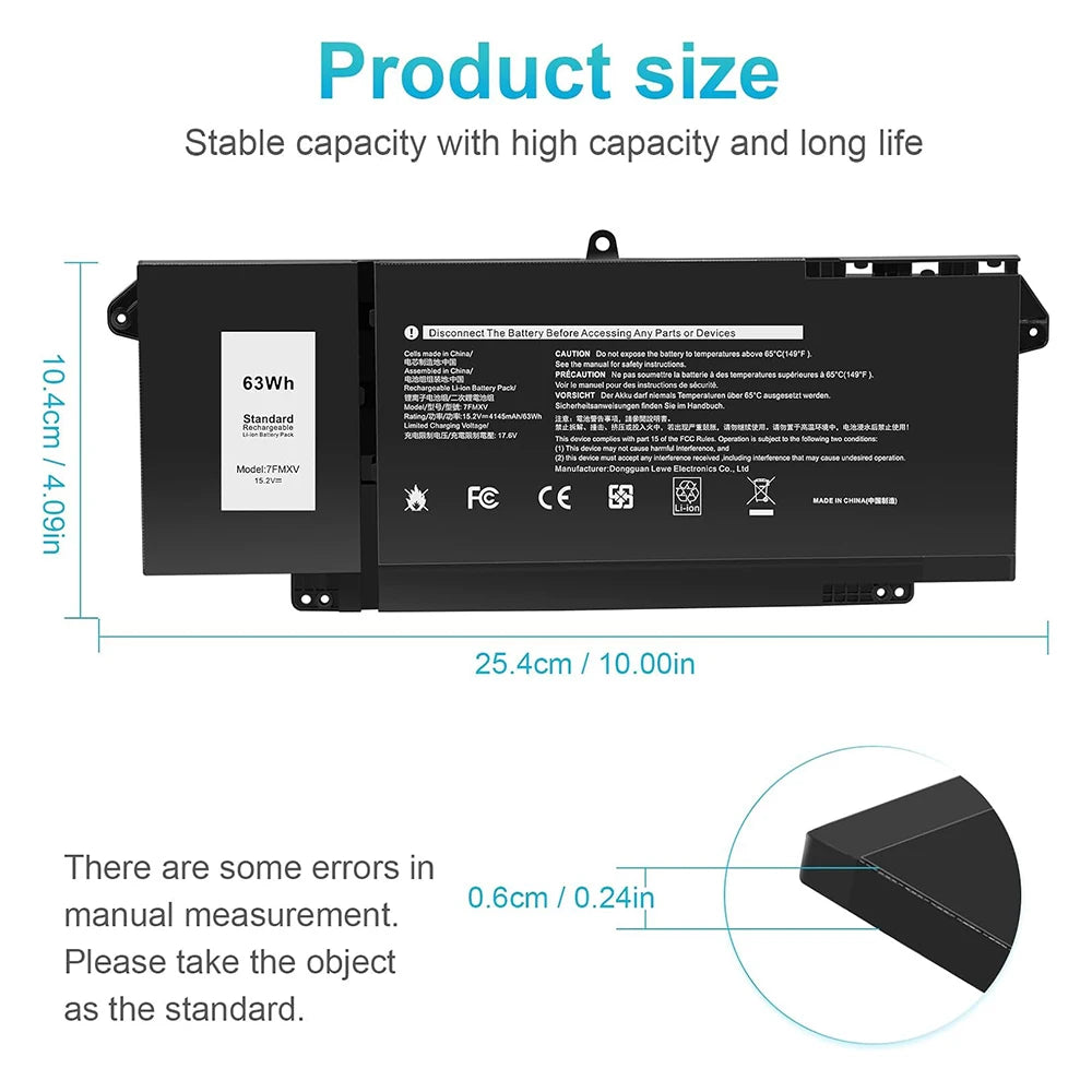 63Wh 7FMXV Laptop Battery for Dell Latitude 5320 7320 7420 7520 P133G P134G P135G P136G P138G P139G P110F 9JM71 4M1JN 1PP63