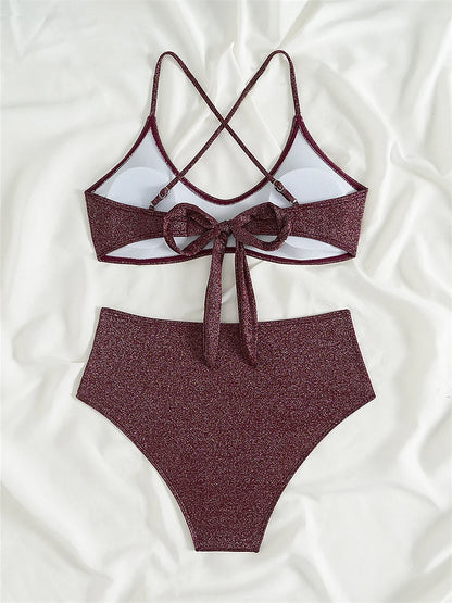 Shiny Bikini Claret Sling Swimsuit Bandage Backless High Waist Swimwear Punk Push Up Beach Outfit Women Bathing Suit Bikinis Set