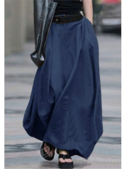 Autumn Women's Vintage Simple Skirt Summer Fashion Loose Solid Cotton Linen High Waist Casual Beach A-line Maxi Skirts Female