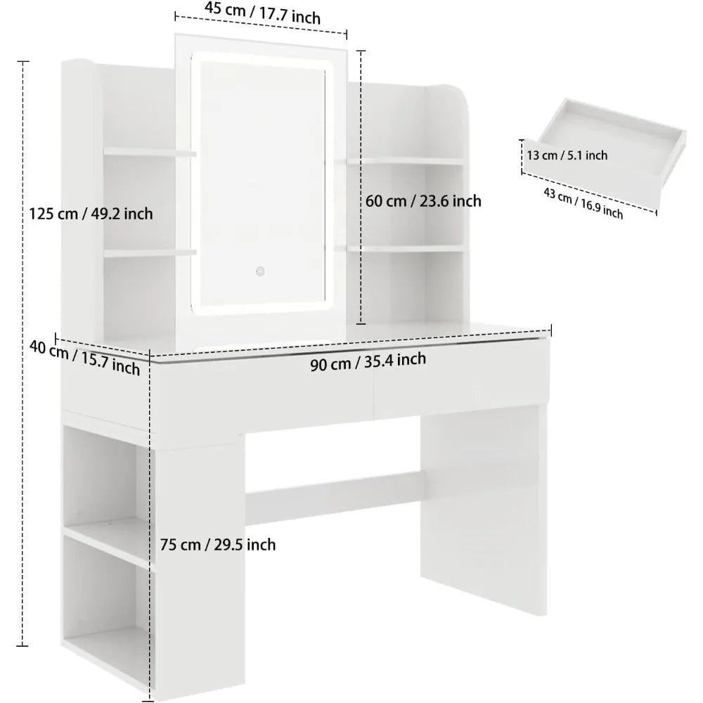 Makeup Dressing Table with Mirror and Led Dimmable Light, Makeup Vanity with 2 Drawers and 4 Shelves, Bottom Shelf, Desk Table,