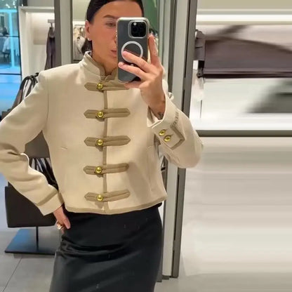 Vintage Cropped Napoleon Jacket Women Solid O-neck Long Sleeve Single Breasted Jackets Female 2026 Spring Lady Chic Outwear New