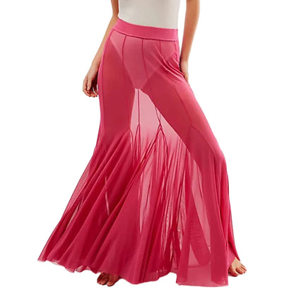 Sexy See Through Sheer Mesh Long Skirts Elastic High Waist Ruffle Hem Flowy Skirts Party A-line Midi Skirts Women Casual Clothes