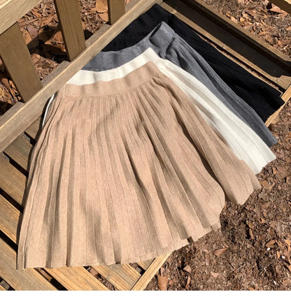 Women's Autumn Elegant A-Line Knitted Mini Skirt High Waist Pleated Skirt Femme Faldas Jupe Saia