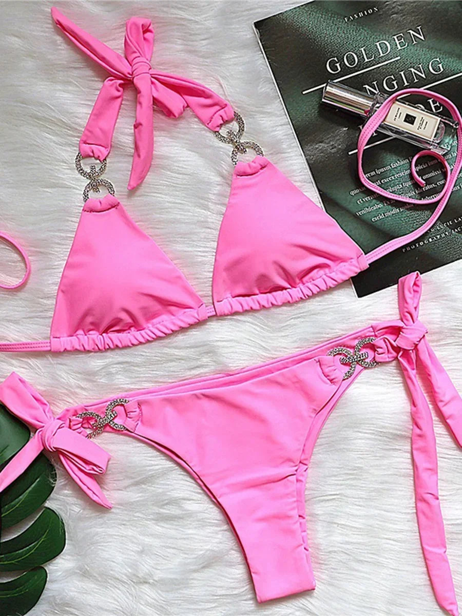 2025 Shiny Rhinestone Diamond Bikini Women Swimsuit Female Swimwear Two Pieces Bikini Set Halter Bathing Suit Swim Beach Wear
