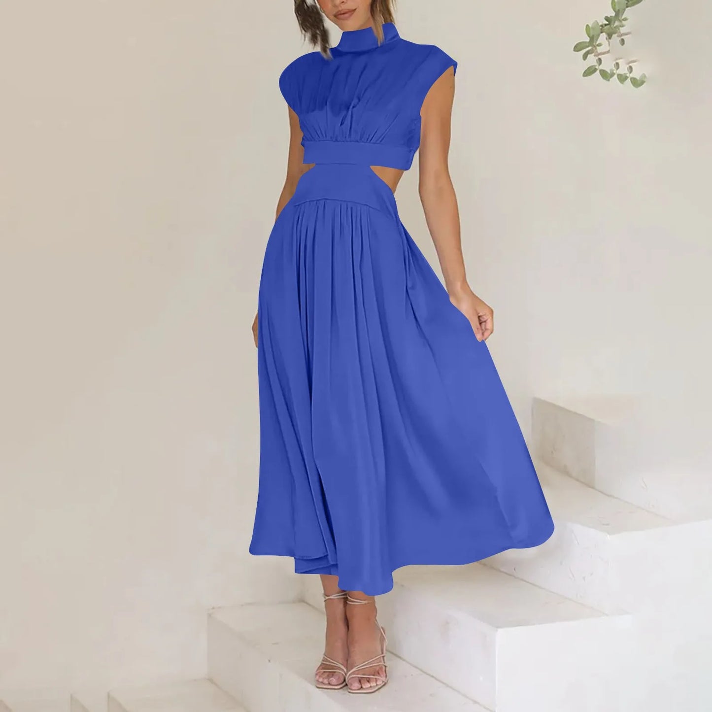 Women's Solid Color Basic Fashion High Waist Hollow Out Sexy Casual Streetwear High Neck Sleeveless Pocket Open Waist Maxi Dress