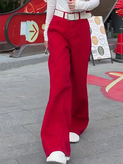Retro Red High Waist Wide Leg Jeans For Women 2025 New Style Loose Casual Full-Length Denim Pants No Belt Trendy Autumn Winter