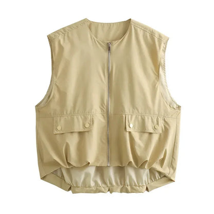 Women Fashion With Pockets Pleated Front Zipper Vest Sleeveless Jackets Vintage O-Neck Waistcoat Female Chic Tank Tops