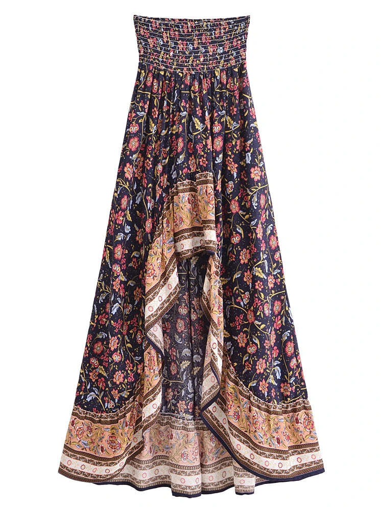 Vintage Chic Fashion Women Floral Print  High Low Beach Bohemian Skirt Elastic Waist Irregular Sexy Maxi Boho Skirts Femme