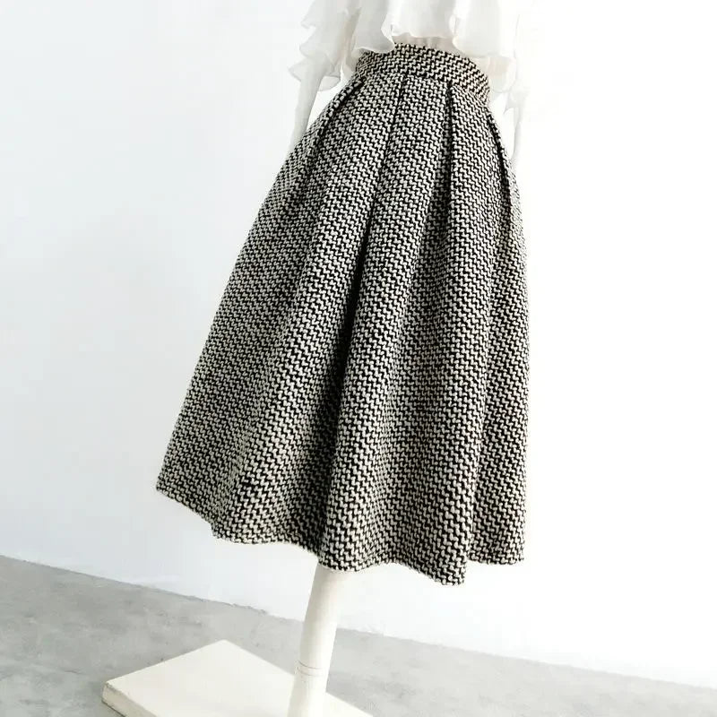 2025 New Fashion Tweed with Pocket Knee Length Skirt Winter Women Vintage Thickened High Waist Pleated A-Line Skirts Faldas