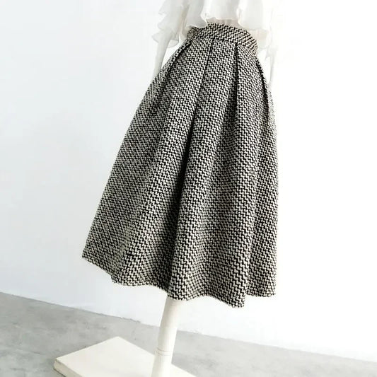 2025 New Fashion Tweed with Pocket Knee Length Skirt Winter Women Vintage Thickened High Waist Pleated A-Line Skirts Faldas
