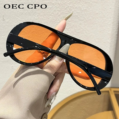 OEC CPO Fashion Double Bridges Pilot Sunglasses Women Large Frame Shades UV400 Retro Sun Glasses Female Orange Yellow Eyewear