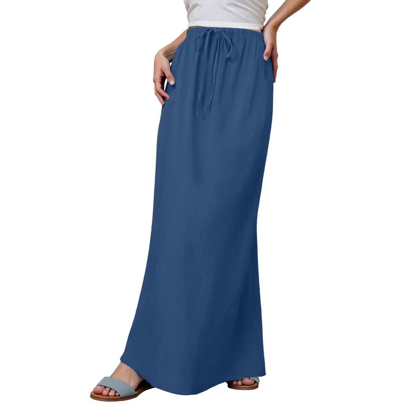 Women Summer Cotton Linen A Line Skirts Elastic Waist Drawstring Comfy Trendy Long Skirt Boho Beach Vacation Long Skirt