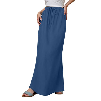 Women Summer Cotton Linen A Line Skirts Elastic Waist Drawstring Comfy Trendy Long Skirt Boho Beach Vacation Long Skirt