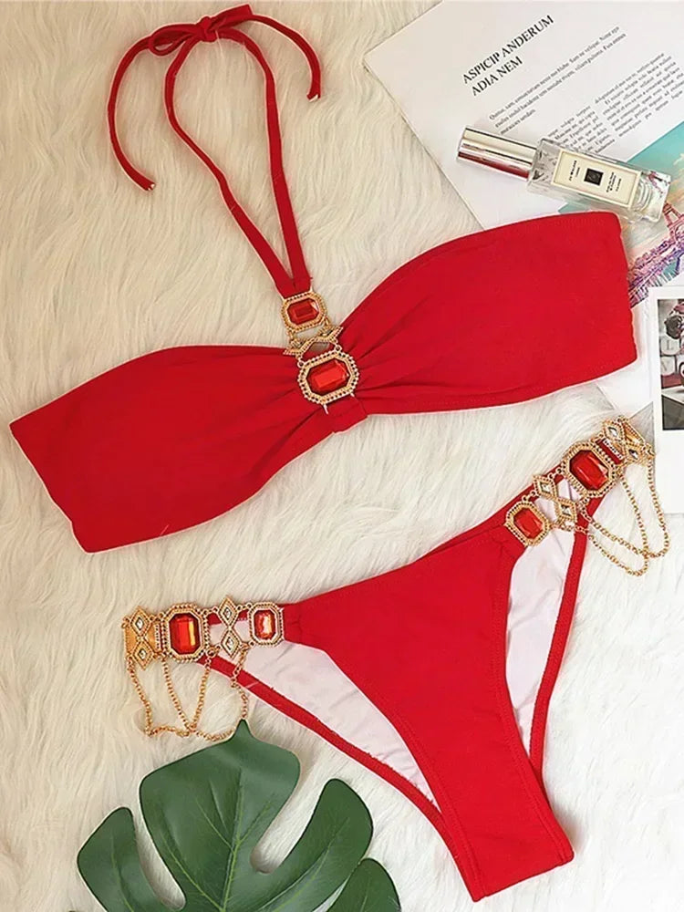 Halter Crystal Rhinestone Diamond Bikini 2025 Female Swimsuit Women Swimwear Two Pieces Bikini set Brazilian Bathing Suit Swim