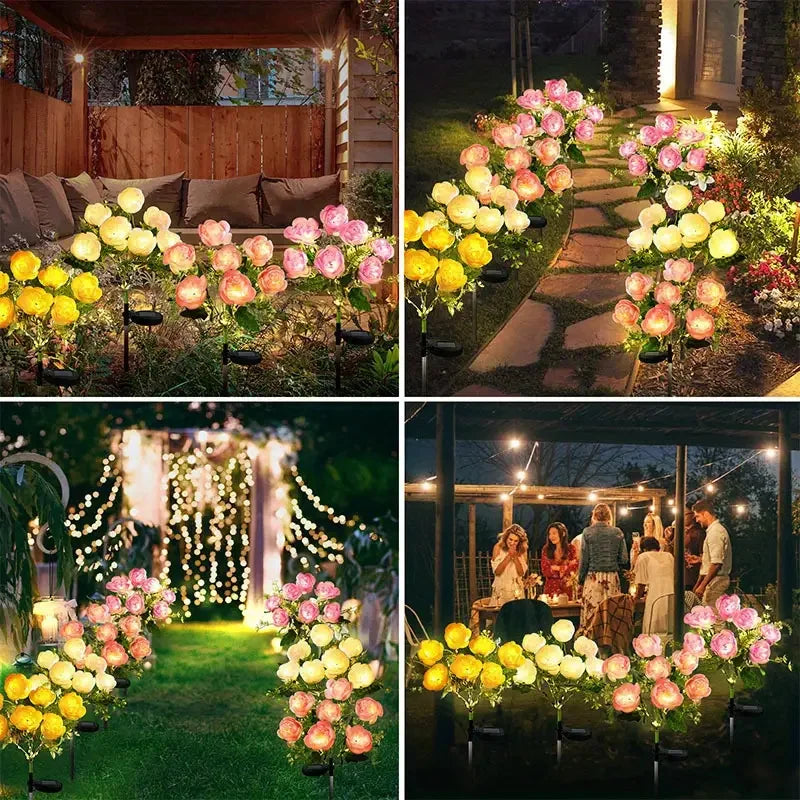 Solar Lights Outdoor, Solar Garden Lights, 7Head Camellia Flower Solar Light for Yard Lawn Garden Atmosphere Lighting Decoration