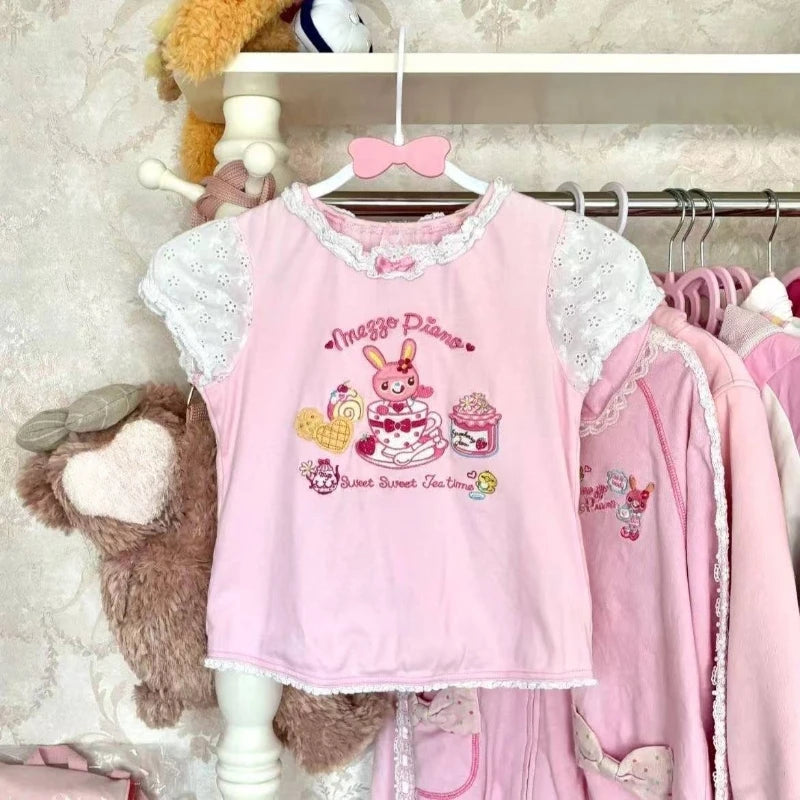 Lolita Print Tops Bow Cake Blouse Y2K JK Lolita Japan Kawaii Girl Cute Sweet Lace T-shirt A-line Spliced Cake Skirt New Chic