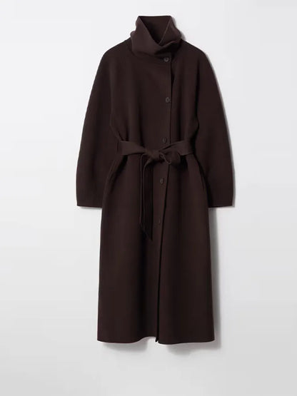 Retro Solid Stand Collar Long Tweed Coat Women 2025 Fashion Large Lapel Single Breasted Coats With Belt Lady Chic Street Outwear