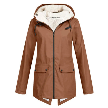 Outdoor Windbreaker Coat Women Trench Coat Waterproof Hooded Outerwear Velvet Thicken Overcoat Zip-up Streetwear Autumn Winter