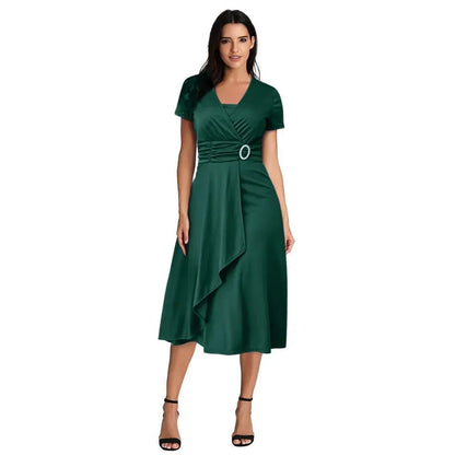 Elegant Women Solid Color Short Sleeve V Neck Asymmetric Hem Waist Tight Midi Party Dress Ladies Evening Vestidos