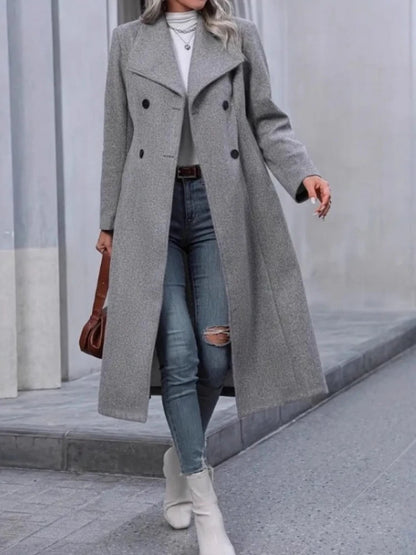 Chic Elegant Women Solid Color Grey Long Sleeve Pockets Double Breasted Fake Woolen Coat Woman Winter Warm Long Outwear