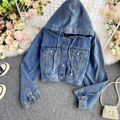 High Waist ort Loose Women's Denim Jaet with Long Sves And Hood in Autumn Winter New Sle Slimming Versatile Jaet