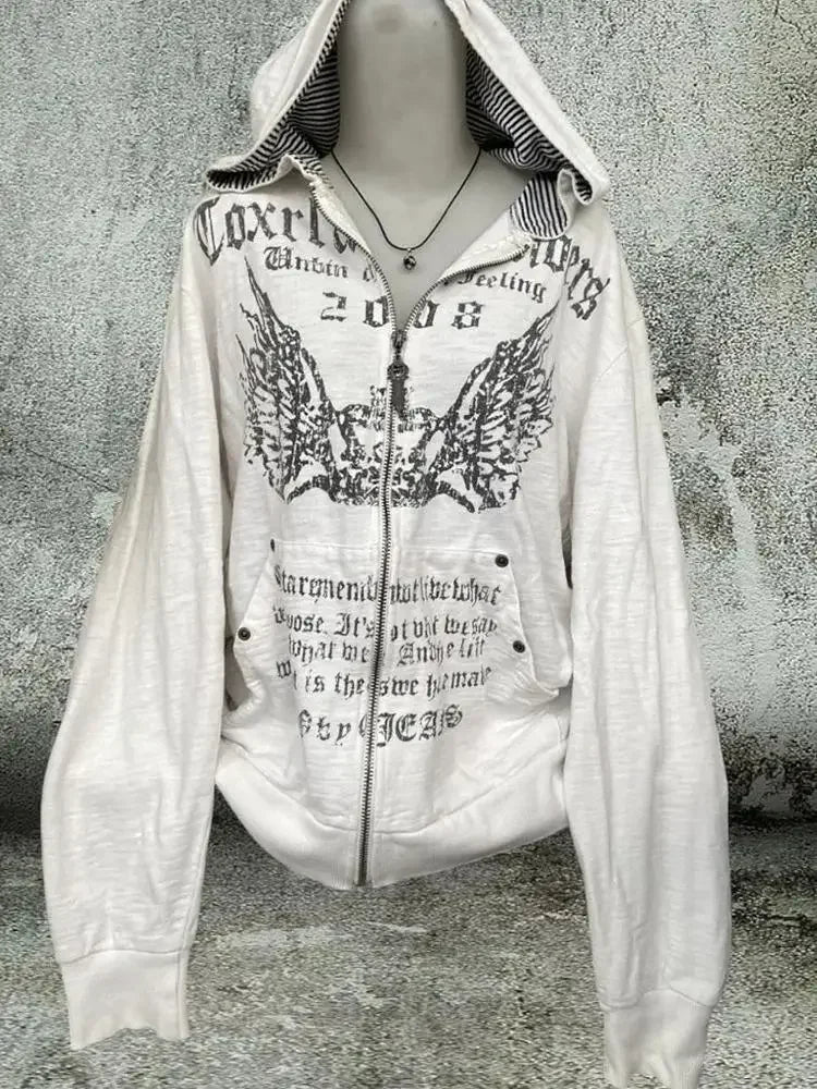 Vintage Sweatshirts 2024 Women's Clothes White Print Tunic Hooded Y2k Coat Streetwear Fashion Casual Hoodies Tops Ropa Mujer