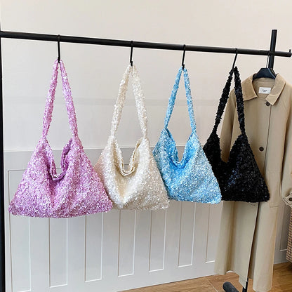 Fashion Sparkly Sequin Sweet Tote Bag for Women Casual Glitter Shopper Shoulder Bag for Party Large Capacity Youth Shiny Handbag
