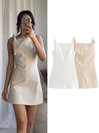 HH Woman Bow Strap Decoration Square Collar Sleeveless Back Zipper Sling Dresses Summer 2025 Female High Street Mini Dress