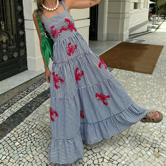 HXAO Women Ruffle Embroidery Slip Dress Sleeveless Plaid Dress Pleated Backless Beach Dress Holiday Woman Summer Dress 2024