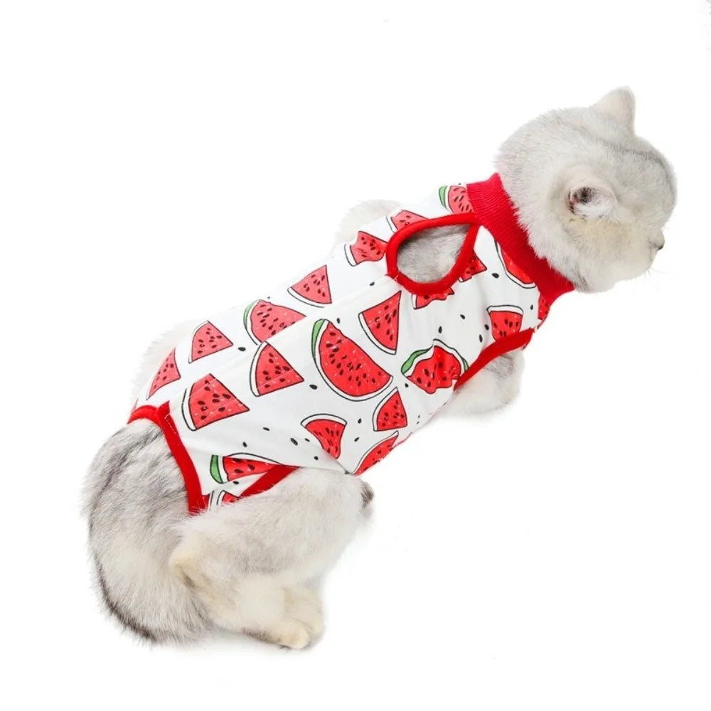 Fruit Printed Cat Recovery Clothing High Elasticity Breathable Pet Anti-Licking Vest Soft Comfortable Pet Weaning Suit