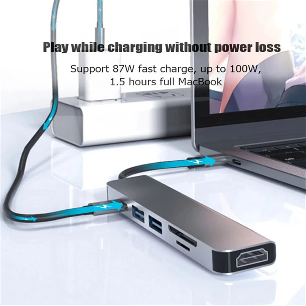 KEBIDUMEI 6 in 1 USB C Docking Station USB Hub Type C to HDMI USB 3.0 SD TF PD 87W USB Splitter OTG Adapter for MacBook Laptop