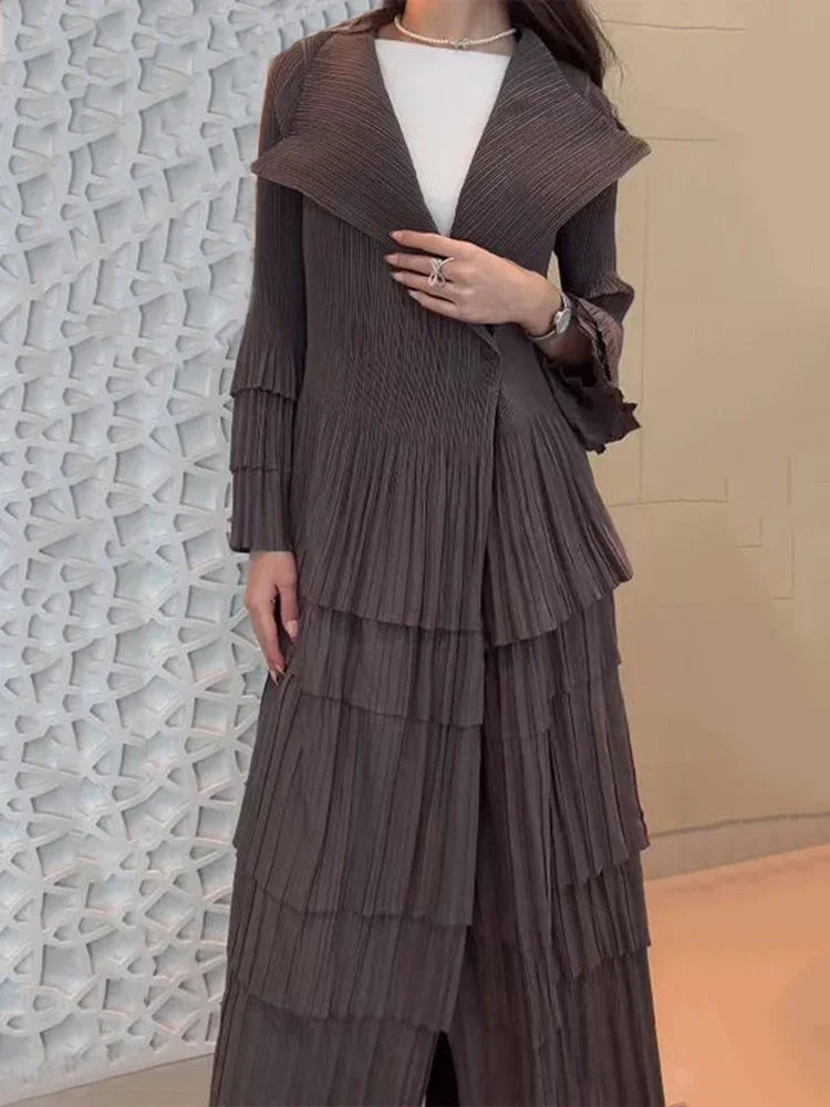 YUDX Miyake Pleated Spliced Ruffles Trench Coat Women Lapel Full Flare Sleeve Single Button Solid Color New 2025 Outwear Tops