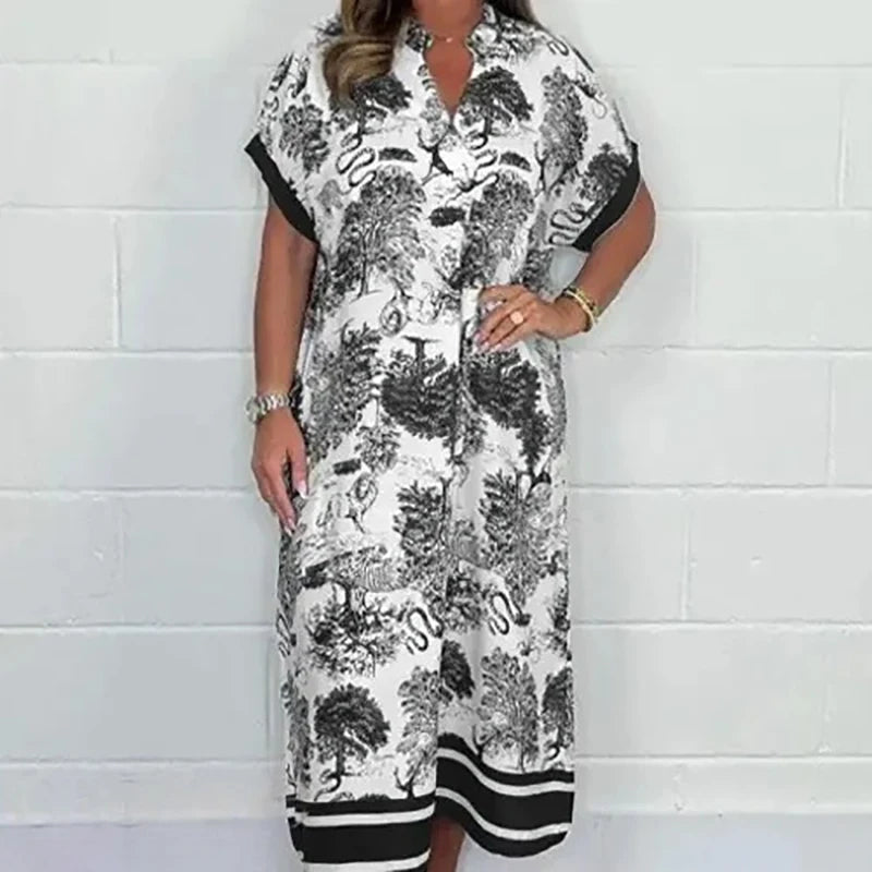 Vintage Casual Plants Print Bohemian Dress Women Spring V Neck Party Long Dress Summer Short Sleeve Loose A-Line Dresses Vestido