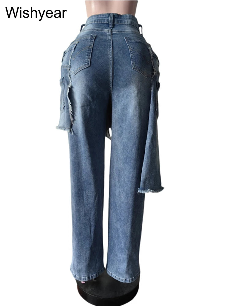 Casual Blue Stretch Denim Jeans with Apron Perforated Straight Wide Leg Trousers for Women Autumn Winter Streetwear Y2K Style