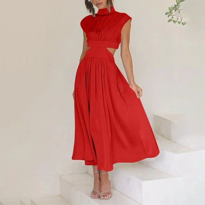Women's Solid Color Basic Fashion High Waist Hollow Out Sexy Casual Streetwear High Neck Sleeveless Pocket Open Waist Maxi Dress