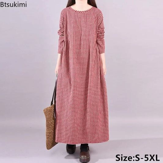 2025 Vintage Plaid Maxi Dress Women's New Cotton Linen Sundress Casual O-neck Long Sleeve Vestidos Females Check Long Skirt Robe