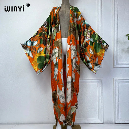 2024 WINYI Summer print Beach Wear Swim Suit elegant Africa women boho Cardigan sexy Holiday long Sleeve Kimono fashion abaya